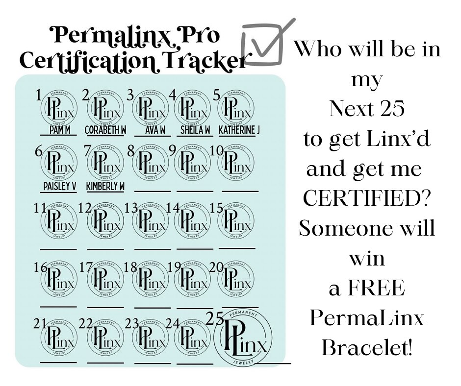 7 down and 18 to go! I’ve got a goal to reach 25 people to linx as fast as I possibly can! And once I do- I’ll submit my form to get MY  PERMALINX PRO CERTIFICATION! How cool is that? And I’ll do a drawing for everyone who I linx in that 25 group and someone will win a free @permalinxbyjbloom  bracelet!  #bloomingincarolina #sidehustle  #girlboss #personalizedjewelry #findyourtribe  #jbloom #permanentjewelry #permalinx #getlinxdwithangie